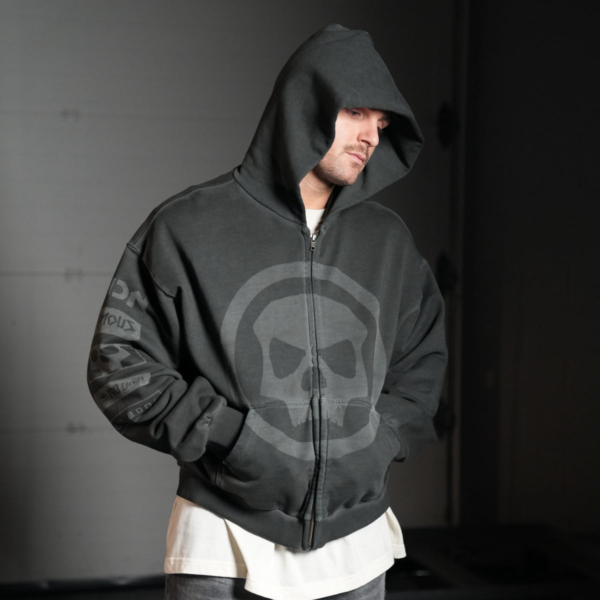 HERITAGE SKULL ZIP HOODIE - SAGE GREY WASH