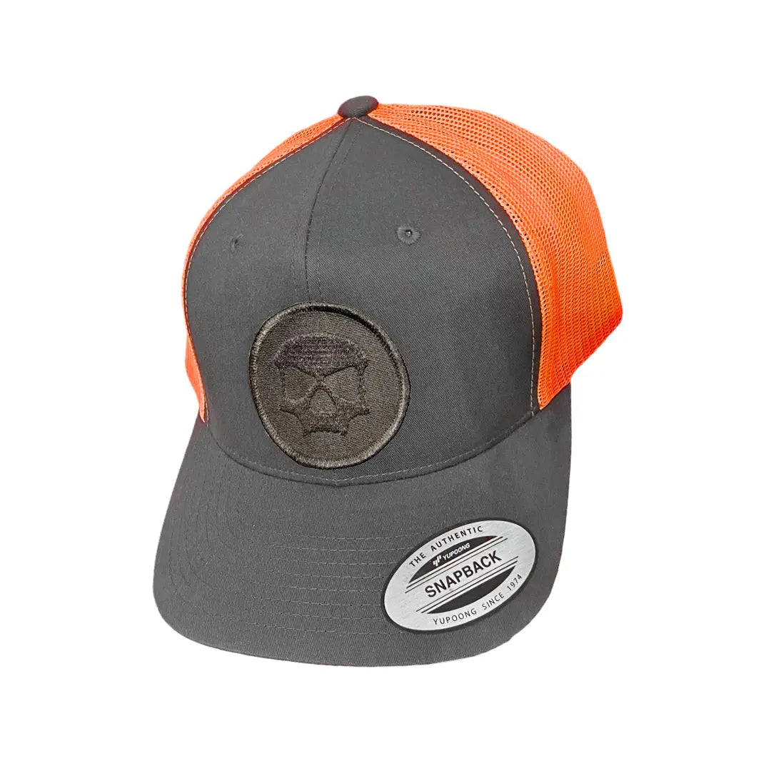 Flexfit Snapback Hat - Dark Grey / Orange Mesh (Black Skull Icon) Infamous Paintball